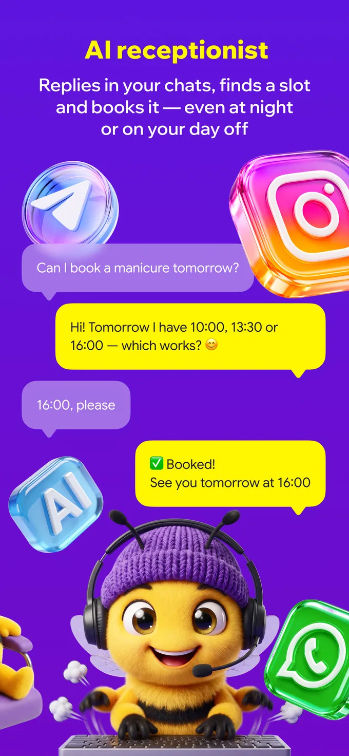 The AI receptionist answers a client in a messenger and books a manicure